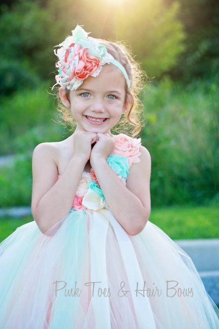 زفاف - Mint and peach Flower girl dress- Mint and peach flower girl dress-Mint and peach flower girl dress