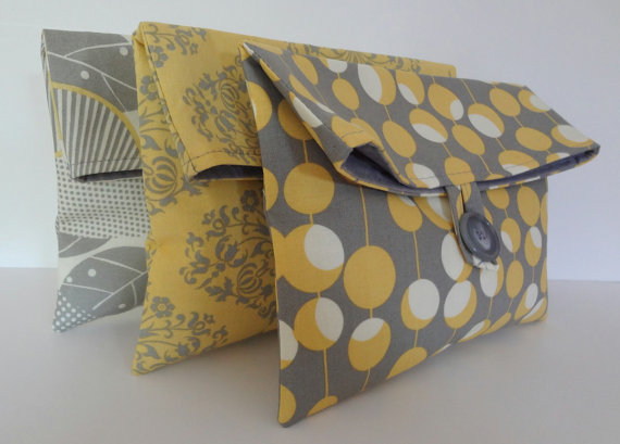 Wedding - READY TO SHIP Set of 3 Bridesmaid Bags in Amy Butler Fabrics - Yellow and Gray Wedding - Bridemaids Clutches