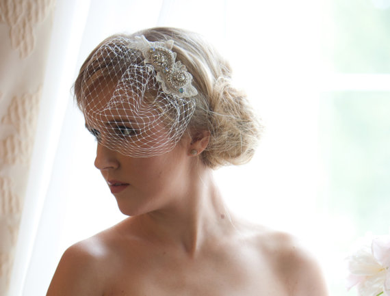 Hochzeit - Birdcage veil, Bridal birdcage veil with lace, Lace birdcage fascinator, Ivory birdcage veil, Wedding veil, Bridal head piece
