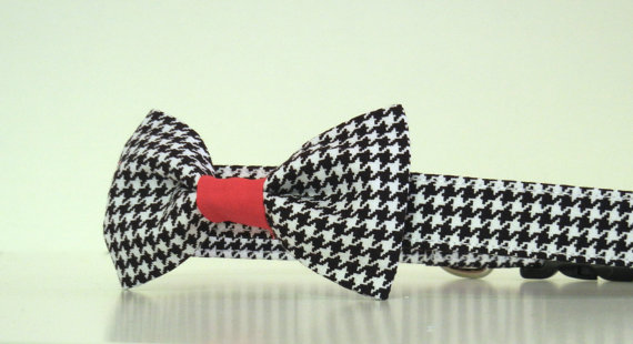 Hochzeit - Black White Houndstooth with Red Center Bow Tie Dog Collar University of Alabama Wedding Accessories Made to Order