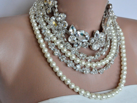 Mariage - bride necklace pearl bib necklace Bold  Bridal pearl and rhinestone chunky necklace wedding jewelry