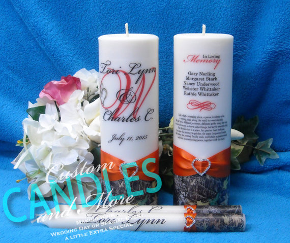 زفاف - Unity Candle With Tapers And Memorial Candle Script Monogram Mossy Oak Design