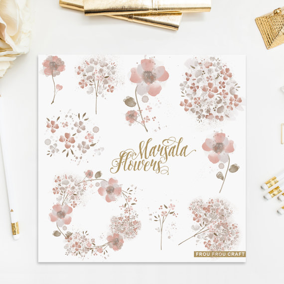 Wedding - Marsala Watercolor Clip Art Intant Download Digital Pink Vintage Flowers High Resolution Floral Wreath Bouquet Wedding Invitation DIY Pack