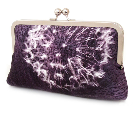 Mariage - Clutch bag, bridesmaid gift, wedding purse, purple aubergine silk, DANDELION CLOCKS