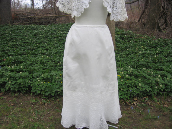 Hochzeit - Victorian Lace Petticoat Snow White Cotton with Wide Lace Double Flounce and Drawstring Waist A Lovely Alternative Wedding White Skirt