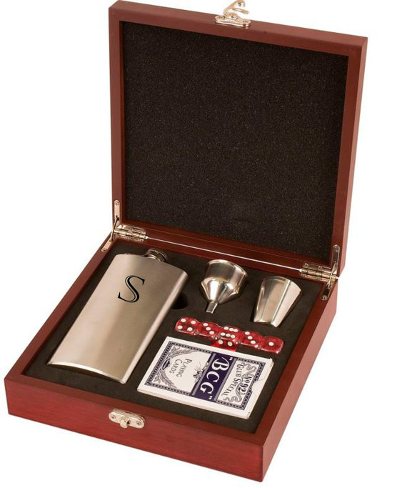 Wedding - Groomsmen Flask Gift Set - Personalized 7oz  Stainless Steel Flask Set with Funnel, Shot Glass, Deck of Playing Cards & 5 Dice
