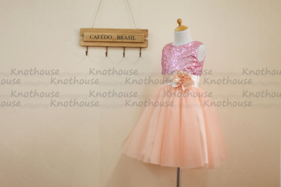 Mariage - Peach Pink Sequin Tulle  Flower Girl Dress with Flower Sash Baby Girl Toddler Dress for Wedding