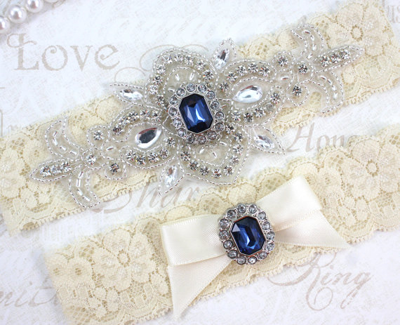 Свадьба - MADRID II - Sapphire Blue Wedding Garter Set, Ivory Lace Garter, Rhinestone Crystal Bridal Garters, Something Blue