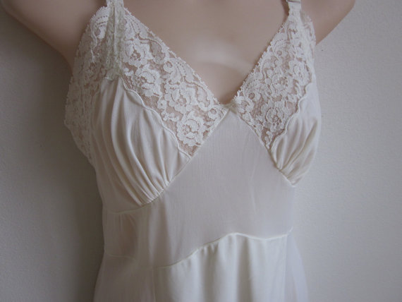 Wedding - Vintage full Slip white lace  hem nightgown sexy lingerie  36 bust
