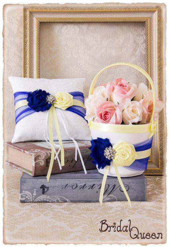 Mariage - Royal Blue and Baby Maize Coral Flower Girl Basket, Wedding Ring Bearer Pillow, Wedding Ring Pillow, Flower Girl basket, Custom Color