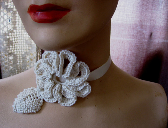 Hochzeit - Collar Medallion Neck Piece Fiber Necklace Bride's Wedding Embellishment Cotton Crocheted Flower Choker with Satin Ribbon Ties Ready to Ship