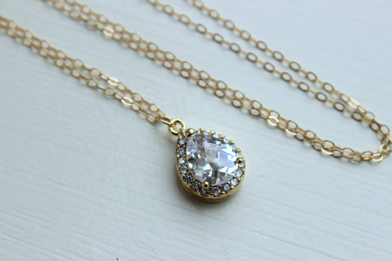 Mariage - Gold Crystal Necklace Bridal Teardrop Jewelry - Bridesmaid Necklace - Crystal Bridal Necklace CZ Wedding Jewelry - Gold Clear Bridal Jewelry
