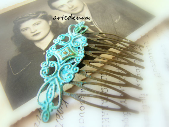 Mariage - Antique Hair comb Wedding Verdigris Turquoise Hair accessory Vintage Bridal hair comb Romantic Pale blue green comb Gift for her