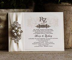 Hochzeit - Custom Wedding Invitation With Metallic Paper, Pearl And Rhinestone Brooch And Satin Ribbon For The Bride And Groom For Their Wedding