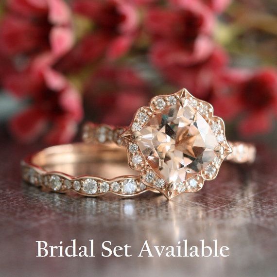 Wedding - 14k Rose Gold Vintage Floral Morganite Engagement Ring Scalloped Diamond Wedding Band 8x8mm Cushion Pink Peach Morganite Ring