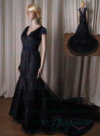 زفاف - LJ201 sexy black and navy blue illusion lace v back mermaid wedding dress