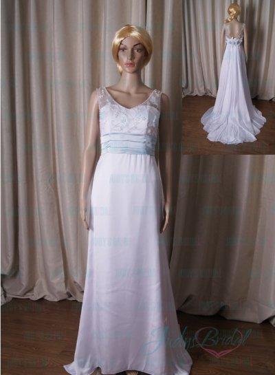 زفاف - LJ206 simple chic strappy aline white with blue wedding dress