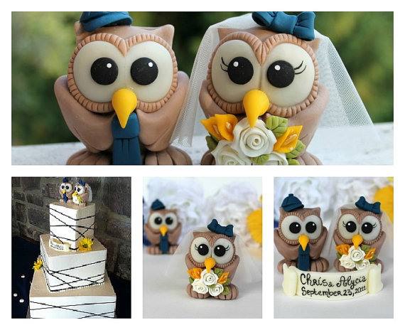 Mariage - Custom wedding cake topper, brown owl cake topper personalized with banner
