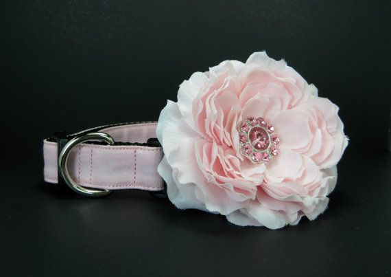 Mariage - Wedding dog collar-Pink  Dog Collar with flower set  (Mini,X-Small,Small,Medium ,Large or X-Large Size)- Adjustable