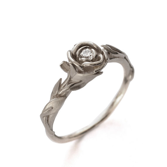 Wedding - Rose Engagement Ring No.2 - 18K White Gold and Diamond engagement ring, engagement ring, leaf ring, flower ring, antique,art nouveau,vintage