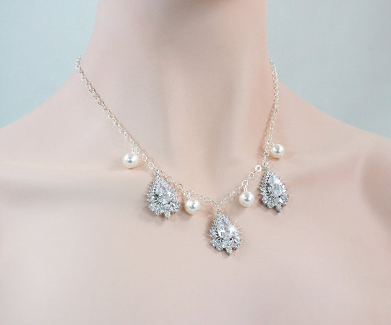 Свадьба - MONICA - Wedding Necklace, Bridal Necklace, Charm Necklace, Crystal Drop Necklace, Pearl Necklace, Bridal Jewelry, Crystal Earrings
