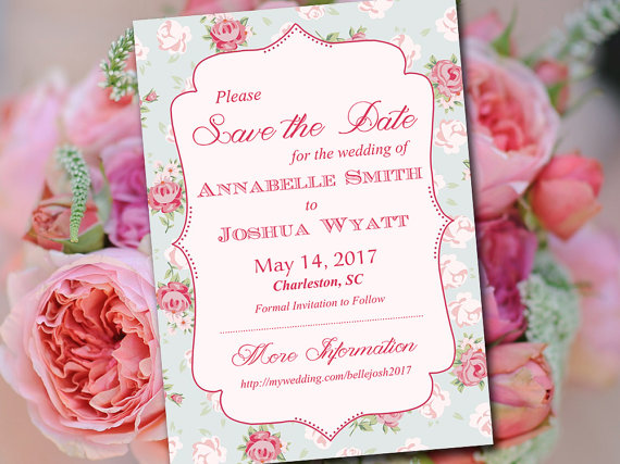 زفاف - Printable Save the Date Template - Shabby Chic Wedding Announcement - Vintage Rose Tea Party Card Pink Blue - DIY Invitation Template