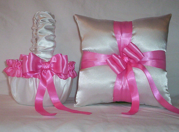 Hochzeit - White Satin With Hot Pink Ribbon Trim Flower Girl Basket And Ring Bearer Pillow