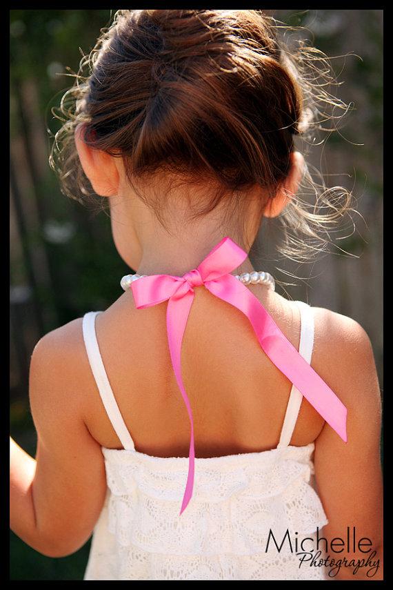 زفاف - Little Girl Pearl  and ribbon Necklace and Bracelet set flower girl jewelry or first pearls