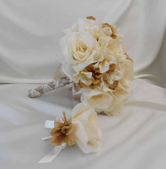 Свадьба - Wedding Silk Flower Bridal Bouquet Your Colors 2 pieces Ivory Cream Rose Tan Champagne Hydrangea with Boutonniere Centerpiece Accessories