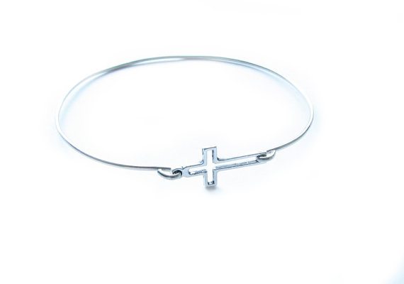 Hochzeit - Sideway Silver Cross Bracelet Bangle in your size religious Jewelry gift for birthday wedding silver chain linked or bangle
