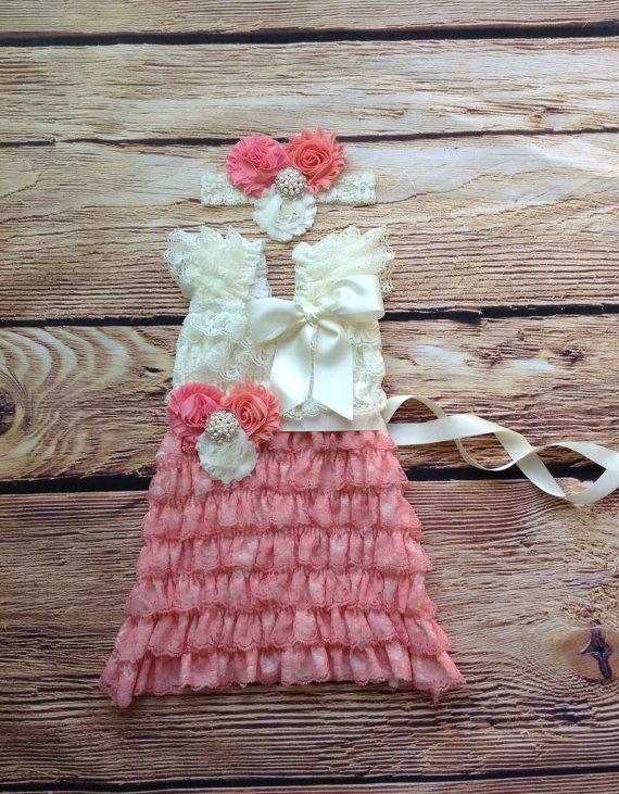 زفاف - Ivory Peach Salmon Lace Petti Dress,Toddler Birthday Dress, Cake Smash, Ombré Dress, Beach Wedding, Baby Girl Dress, Flower Girl Dress