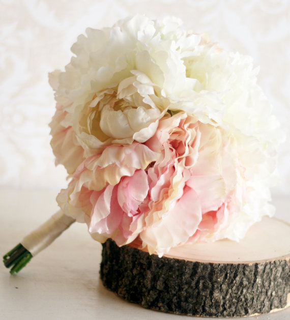 Mariage - Silk Bride Bouquet Peony Flowers Peonies Shabby Chic Wedding Arrangement (item F10257)