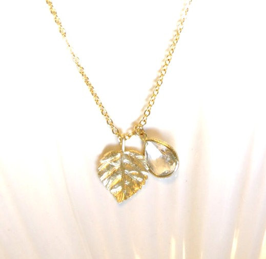Wedding - Gold Leaf Necklace Clear Crystal Jewelry Gold Charm Leaf Pendant Gold Necklace Branch Nature Jewelry Autumn Wedding Bridesmaid Necklace