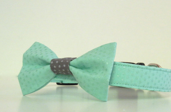 Hochzeit - Mint Green Gray Metallic Polka Dot Bow Tie Dog Collar Wedding Accessories Made to Order