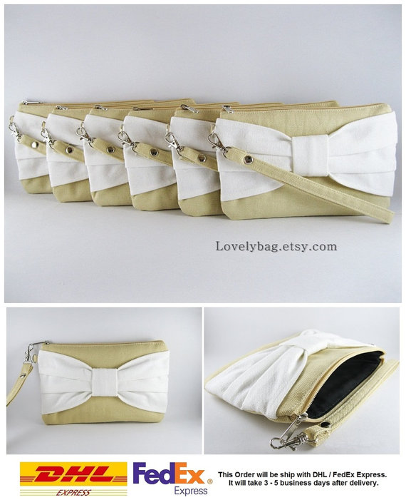 Wedding - Set of 6 Wedding Clutches, Bridesmaids Clutches / Cream with Ivory Bow Clutches - MADE TO ORDER