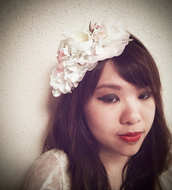 Mariage - Bridal Headpiece Flower Blush Pink White Wedding Hair Accessories Floral Headband Shabby Chic Bohemian Romantic Dreamy Woodland JW H1