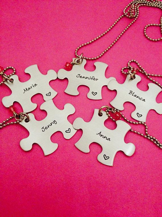 Wedding - Puzzle Piece Necklace Personalized with Names and Stone Colors Graduation Bridesmaids Hand Stamped