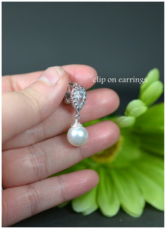 Hochzeit - Clip on earrings , non pierced earring, Pearl Crystal bridal earrings , tear drop dangle , Wedding Bridal Jewelry Bridal Bridesmaid Earrings