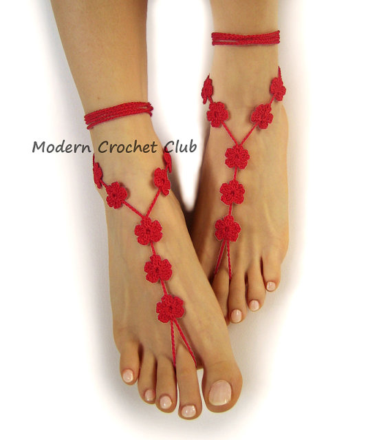 Свадьба - RED FLOWER Barefoot Sandals, Valentine's Day gift, beach wedding, bride and bridesmaide, nude shoes, lace sandles, pool party, crochet lace