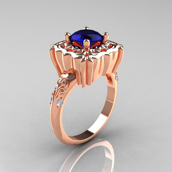 زفاف - Modern Antique 10K Rose Gold 1.0 Carat Blue Sapphire Diamond Engagement Ring AR116-10KRGDBLS