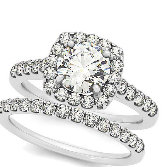 Wedding - 1ct  6.5mm  Forever Brilliant Moissanite Solid 14K White Gold  Halo  Engagement  Ring Set  -  OV61687