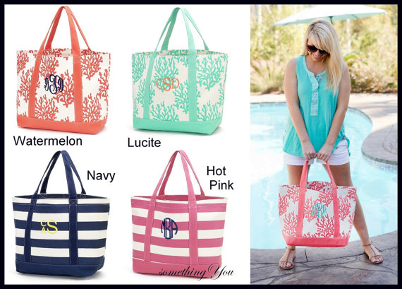 Hochzeit - Monogrammed Canvas Tote Bag - Personalized Beach Bag, Personalized Pool Bag, Bridesmaid Beach Totes, Coral Navy Aqua Mint, Mother's Day Gift