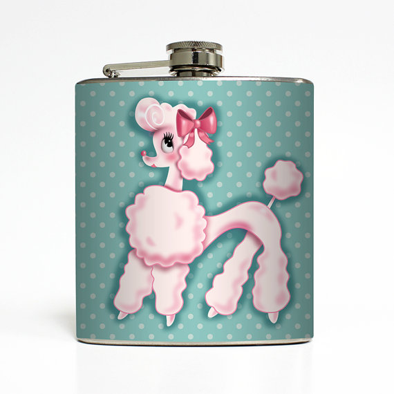 Hochzeit - Fluff Pixie Poodle Polka Dot Flask Dog Lover Pink Bow Pet Women 21st Adult Birthday Gift Stainless Steel 6 oz Liquor Hip Flask LC-1391