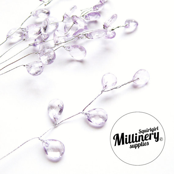 زفاف - 6 Lilac Purple Acrylic Jewel Picks on Silver Wire for Millinery and Wedding Flower Bouquets