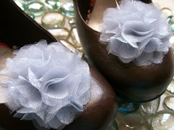 Hochzeit - Shoe Clips Silver Organza and Gray Tulle Fluffy Flowers Great for flip flops heels sandals ballet flats