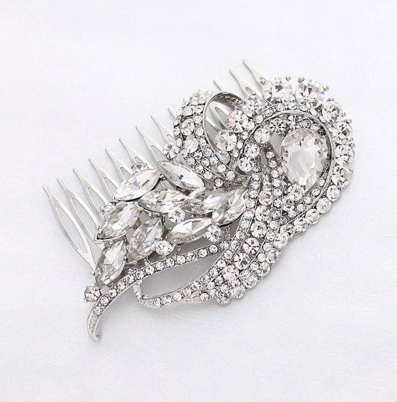 Hochzeit - Crystal Silver Bridal Comb Art Deco Wedding Hair Comb Bridal Accessories Gatsby Old Hollywood Wedding Hair Combs Wedding Jewelry