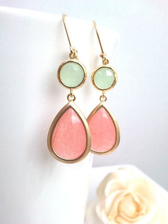 Mariage - Coral Pink Gold earrings, Blush Pink Wedding Earrings, Drop, Dangle earrings, bridesmaid gifts, Gemstone,Wedding jewelry