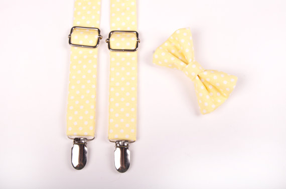 زفاف - Yellow Polka Dot Bow Tie & Suspenders Set - Yellow Pin Dot - Baby Toddler Child Boys -Wedding