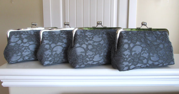 Mariage - SALE, 15% OFF, Bridal Silk And Lace Clutch Set Of 4 Graphite,Wedding Clutch,Bridesmaid Clutches,Bridal Accessories
