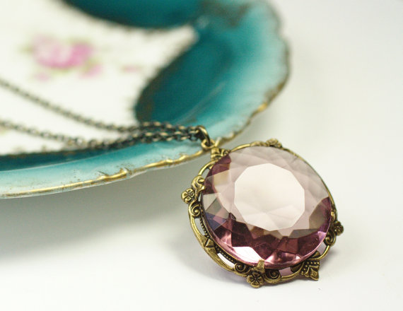 Mariage - Amethyst jewel necklace bridal victorian brass lavender purple estate style wedding jewelry